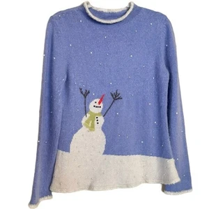 Vintage 90s Susan Bristol Holiday Snowman Sweater Pearls Silk Rabbit Hair Size L - Picture 1 of 15