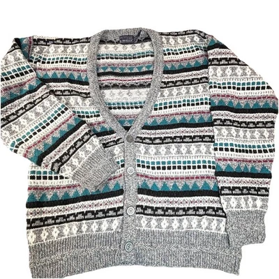 Vintage Editions By Van Heusen Fair Isle Cardigan Sweater Men’s Large Gray  - Image 1 of 4