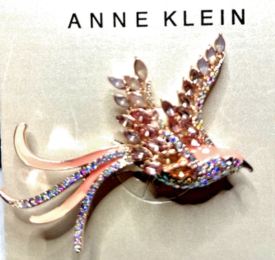 Anne Klein Aurora Borealis Crystals Brooch Bird in Flight Gold-Tone Pink New Box - Image 1 of 4