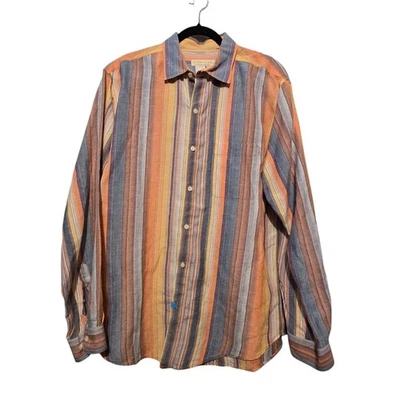 Territory Ahead Men Linen Silk Shirt LG Button Up Stripe Rainbow Colorful Summer - Image 1 of 4