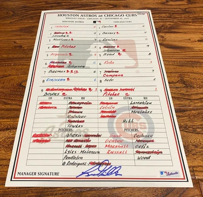 Astros vs Cubs Game Used Line-Up Card 9/16/2011  Altuve ROOKIE Lee 2 HR Walk-Off - Image 1 of 4