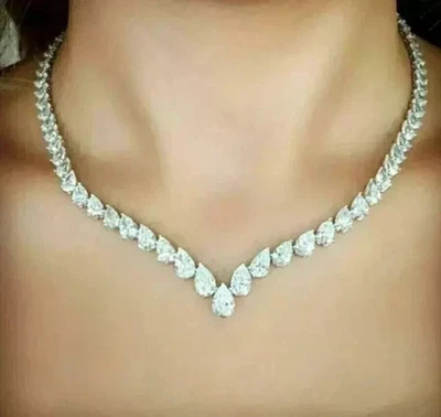 15Ct Pear Cut Lab Created Diamond Women's Tennis Necklace 14K Wh Gold Plated 18" - Image 1 of 2