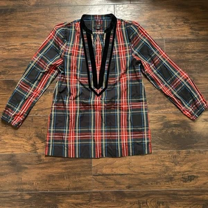 J.Crew Stewart Tartan Plaid Red Black Velvet Trimmed V-Neck Top Women Small - Picture 1 of 13