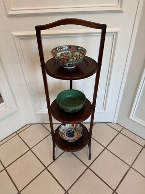 ANTIGUO SOPORTE DE EXHIBICIÓN VICTORIANO INGLÉS ROBLE OSCURO 3 NIVELES PASTEL TÉ Foto 1 de 4