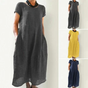 Dress Women's Sundress Plus Size Loose Cotton Summer Midi Dress T-Shirt - Picture 1 of 16