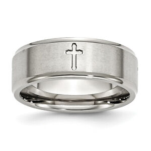 Chisel Stainless Steel Ridged Edge Cross 8mm Brushed and Polished Band Ring SR10