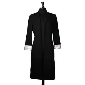 Kasper Women Jacket Black Open Front Satin Cuff Long Duster Topper Formal Coat 6 - Picture 1 of 8