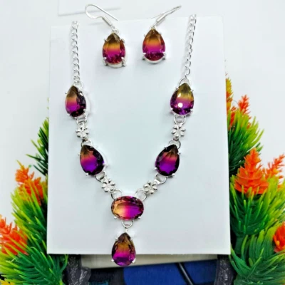 Bi Color Tourmaline Gemstone Silver Plated Earrings Necklace Jewelry Set - Image 1 of 3