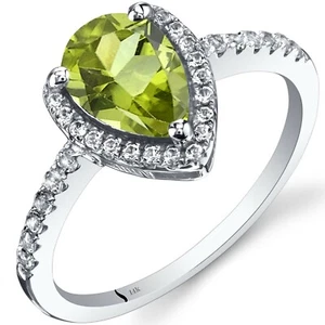 14K White Gold Peridot Open Halo Ring Pear Shape 1.25 Cts Sizes 5 to 9 - Picture 1 of 2
