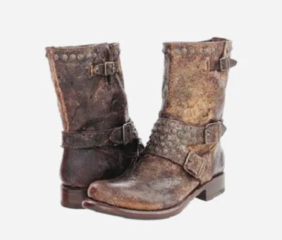 Bota de motociclista FRYE feminina Jenna cravejada curta marrom tamanho 8B varejo $ 328 em excelente estado usado - Imagem 1 de 4