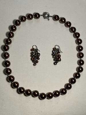 Muschelkern Perlen Kette, Halskette Mit 2 Versch. Ohrringen Schmuckset braun - Bild 1 von 4