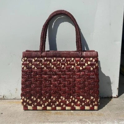 Nuevo Bolso de Mano Pandan Textil Tejido a Mano Rústico Marrón Cuadrado Paja Cremallera Foto 1 de 4