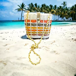 1960’s Rainbow Striped White Wicker Woven Basket Purse Bag Gold Tone Chain Strap - Picture 1 of 23