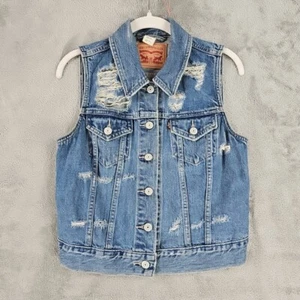 Levi's Biker Denim Vest Womens S Distressed Blue Moto Grunge 90s Classic Cotton - Picture 1 of 8