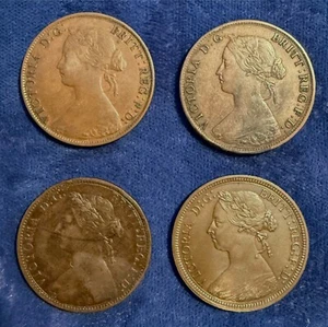 ENGLAND VICTORIA 1861, 1863, 1876-H, & 1890 1/2D HALFPENNY, 1/2 PENNY COINS - Picture 1 of 2