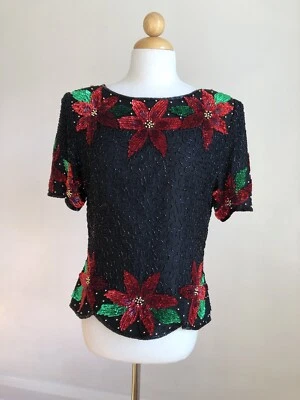 IMPRESIONANTE BLUSA TOP FORMAL DE VACACIONES SCALA 100 % seda con cuentas de pascua de colección talla l Foto 1 de 4