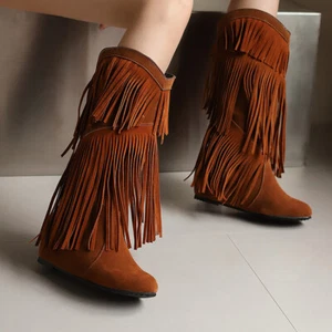 Retro Womens Tassel Fringe Faux Suede Moccasins Mid Calf Boots Wedge Heel Boots - Picture 1 of 25