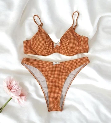 Gingham Bikini Set M Orange White Cheeky Bottoms Bow Cottagecore Coastal Summer - Image 1 of 4
