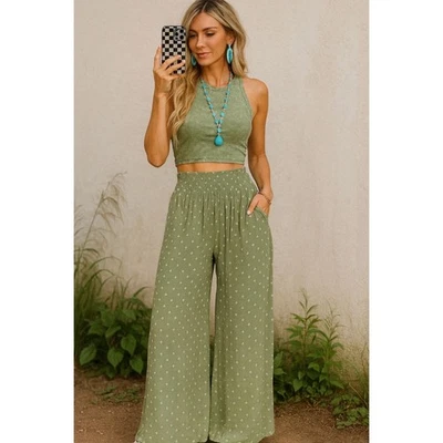 Pantalones Palazzo Three Dots Pierna Ancha Mujer Medianos Verde Floral Calado Boho Foto 1 de 4