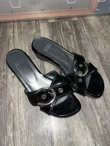 Stuart Weitzman Sz 7 M Black Patent Leather Slip On Sandals Silver Studs Wooden - Picture 1 of 9