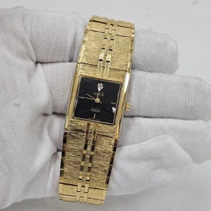 Vintage Quintel Unisex Gold Tone Black Dial Analog Dress Watch New Battery - Picture 1 of 9