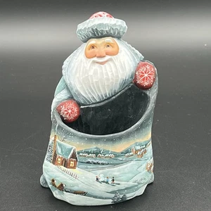 G. DeBrekht Wood Carved Hand Painted Winter Scene Santa with Present Sack Signed - Picture 1 of 16
