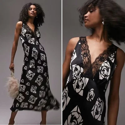 Topshop 蕾丝和玫瑰缎面印花吊带迷笛懒人连衣裙 US 4 S 黑色白色 全新 — 第 1/4 张图片