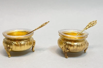 Старинный французский имперский позолоченный серебряный соляной погреб Альфонс Дебен Ормолу горшки ложки - Изображение 1 из 4