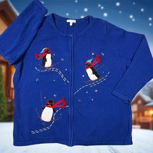 Vtg Fashion Bug Snow Penguin Skiing Blue Sweater Womens Sz 3X Ugly Holiday - Picture 1 of 12