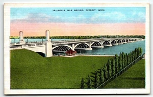 Postal Belle Isle Bridge Detroit Michigan MI lino UNP - Imagen 1 de 2