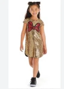 Disney Store Minnie Mouse Bow Gold Sequin Shift Girls Party Dress Holiday - Picture 1 of 9