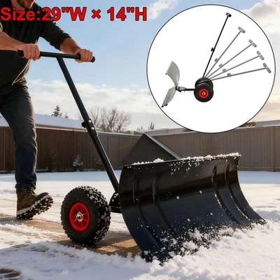 29 Inch Snow Shovel Pusher for Driveway,Heavy Duty Steel Snow Shovel with Wheels - Image 1 of 4