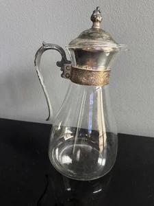 Vintage Glass Carafe with Ornate Metal Collar & Lid - ~11" Tall - Antique Wear - Picture 1 of 8