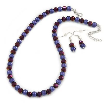 Deep Purple Glass Bead Necklace and Drop Earrings Set In Silver Tone - 40cm L/ - Image 1 of 4