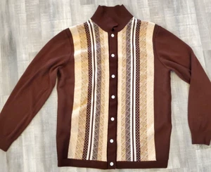 Paul Jones Striped Cardigan Sweater Mens Size Med Retro Rust Long Sleeve Bowling - Picture 1 of 10