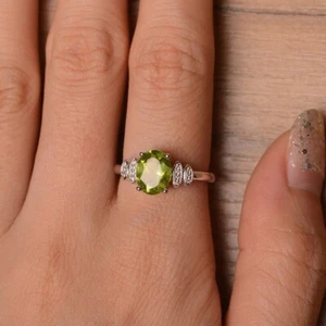 Green Peridot Minimal Ring Natural Gemstone 925 Sterling Silver Ring For Women - Picture 1 of 5