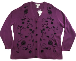 VTG August Max Womens Cardigan Size 1X Purple Floral Beaded Embroidered NWT - Picture 1 of 12