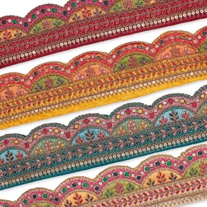 2.25 Inch Multicolor Metallic Leaf Sequin Corded Woven Embroidered Trim - Picture 1 of 18