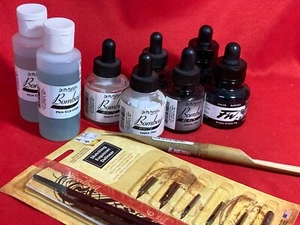 10 pc Lot 6 Bottles Bombay/Daler-Rowney FW Acrylic Artist Ink 2 Pens 2 Cleaners - Picture 1 of 4
