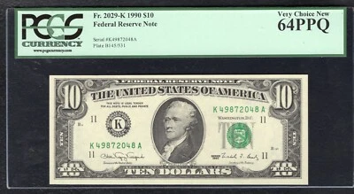 FR. 2029-K 1990 $10 FRN FEDERAL RESERVE NOTE DALLAS, TX PCGS UNCIRCULATED-64PPQ - Image 1 of 2