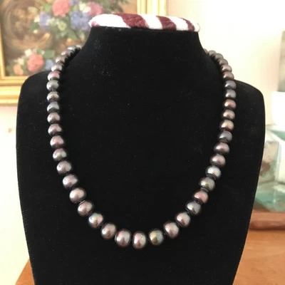 Sterling Silver 925 Cultured Pearl Necklace Black Rainbow Japanese 9mm - Image 1 of 4