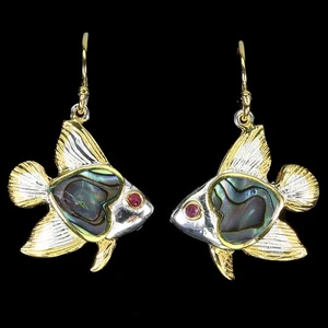 925 Sterling Silver Earrings Round Ruby Myanmar Mop Fish Gemstone Jewelry - Picture 1 of 13