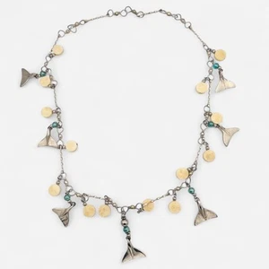 Vintage Silver Whale Tail Necklace Turquoise Glass Bone Bead Bovine Bos Taurus - Picture 1 of 9