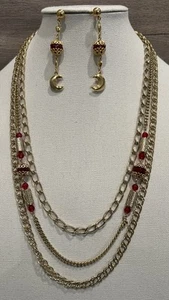 Vintage 3 Tier Faux Gold Necklace w/Faux Ruby Embellishments & Earrings Set - Picture 1 of 4