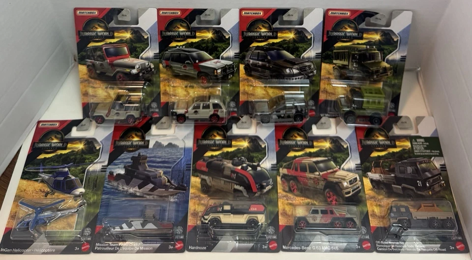 SET OF 9! Matchbox Jurassic World Rebirth Mix 2 EXPLORER JEEP WRANGLER MERCEDES - Image 1 of 1