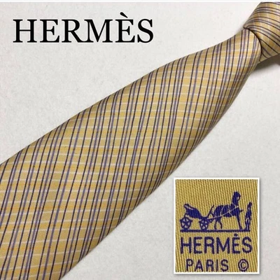 HERMES Tie Check 100 Silk Made in France Yellow Business _#hr581 - Image 1 of 4