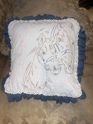 Country Core Vintage Decorative Pillow Blue With Equestrian Embroidery Eyelet - Image 1 of 4