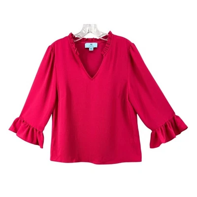 CeCe рубашка женщин Sz M пурпурный с оборками V шеи 3/4 рукав текстурированный блузка или топ - Изображение 1 из 4