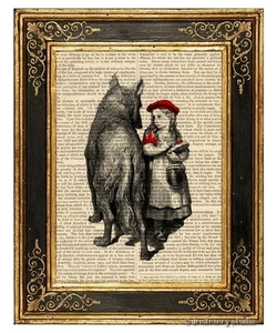 Caperucita Roja y Lobo Estampado Arte en Página de Libro Vintage Regalos de Decoración del Hogar - Imagen 1 de 3