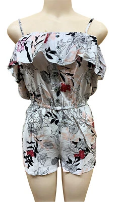 女式连身裤连身裤假日夏季背心裙白色底座花卉带纽扣 XL — 第 1/2 张图片